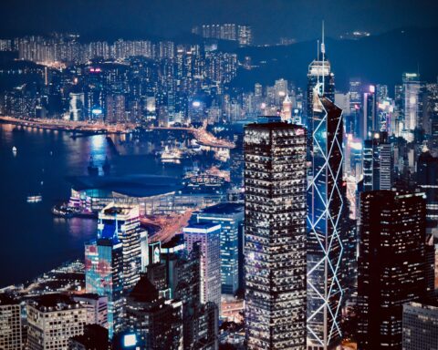 lighted city skyline at night