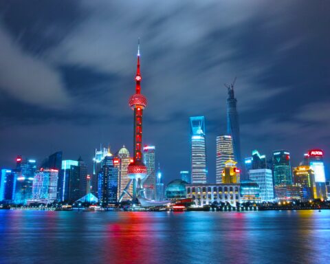 architectural photograph of lighted city sky