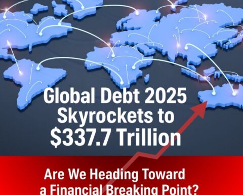Global debt reaches record $338 trillion in 2025; infographic showing sovereign, corporate, and household debt by region.