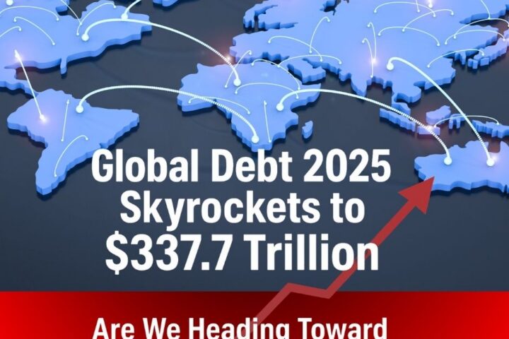 Global debt reaches record $338 trillion in 2025; infographic showing sovereign, corporate, and household debt by region.