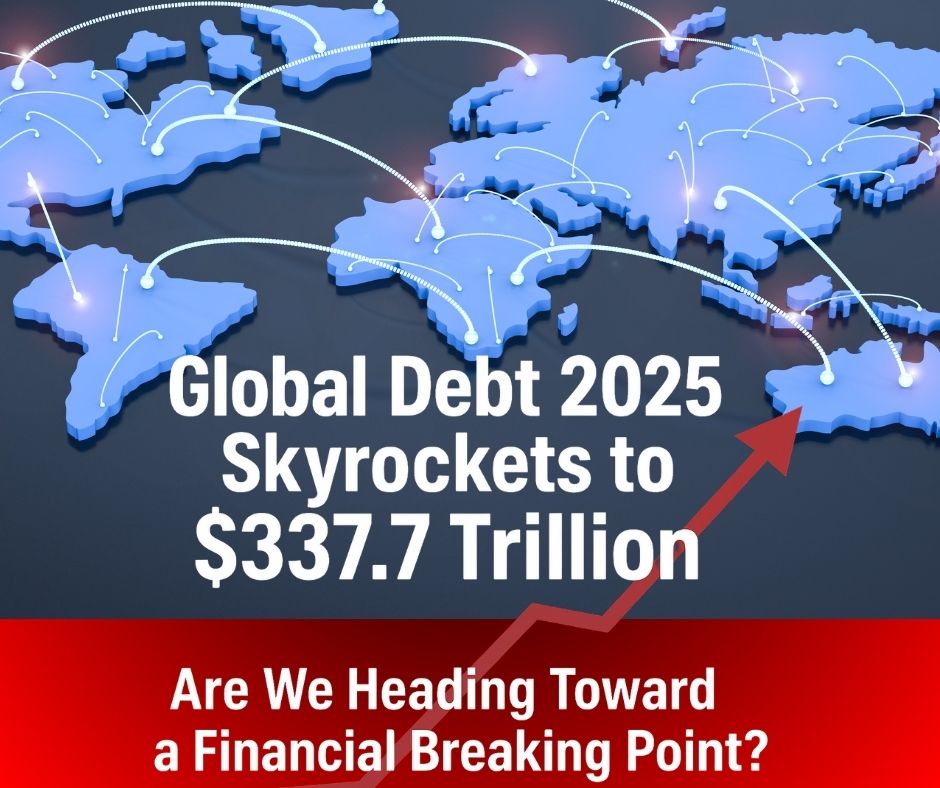 Global debt reaches record $338 trillion in 2025; infographic showing sovereign, corporate, and household debt by region.