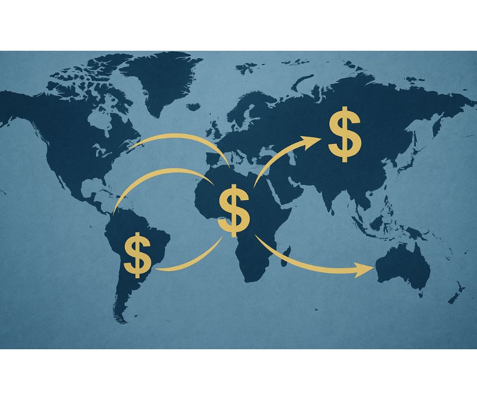 A global finance map connecting Asia, Africa, and Latin America through investment hubs and consortium networks.