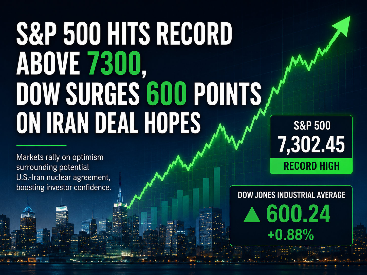 S&P 500 Hits Record Above 7300, Dow Surges 600 Points on Iran Deal Hopes