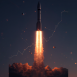 SpaceX stock price target illustrated by a Starship rocket launch with AI satellites and an upward stock chart line