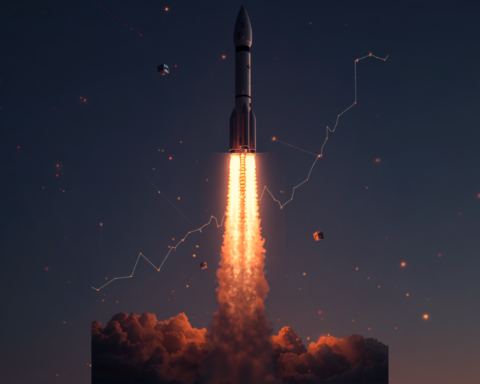 SpaceX stock price target illustrated by a Starship rocket launch with AI satellites and an upward stock chart line