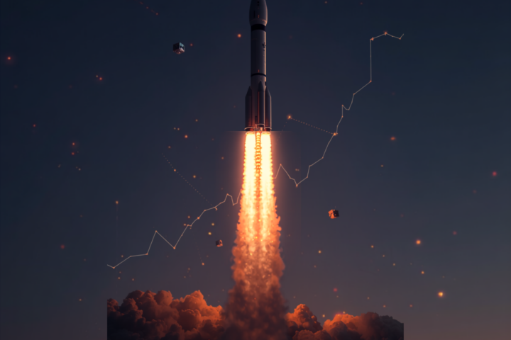 SpaceX stock price target illustrated by a Starship rocket launch with AI satellites and an upward stock chart line