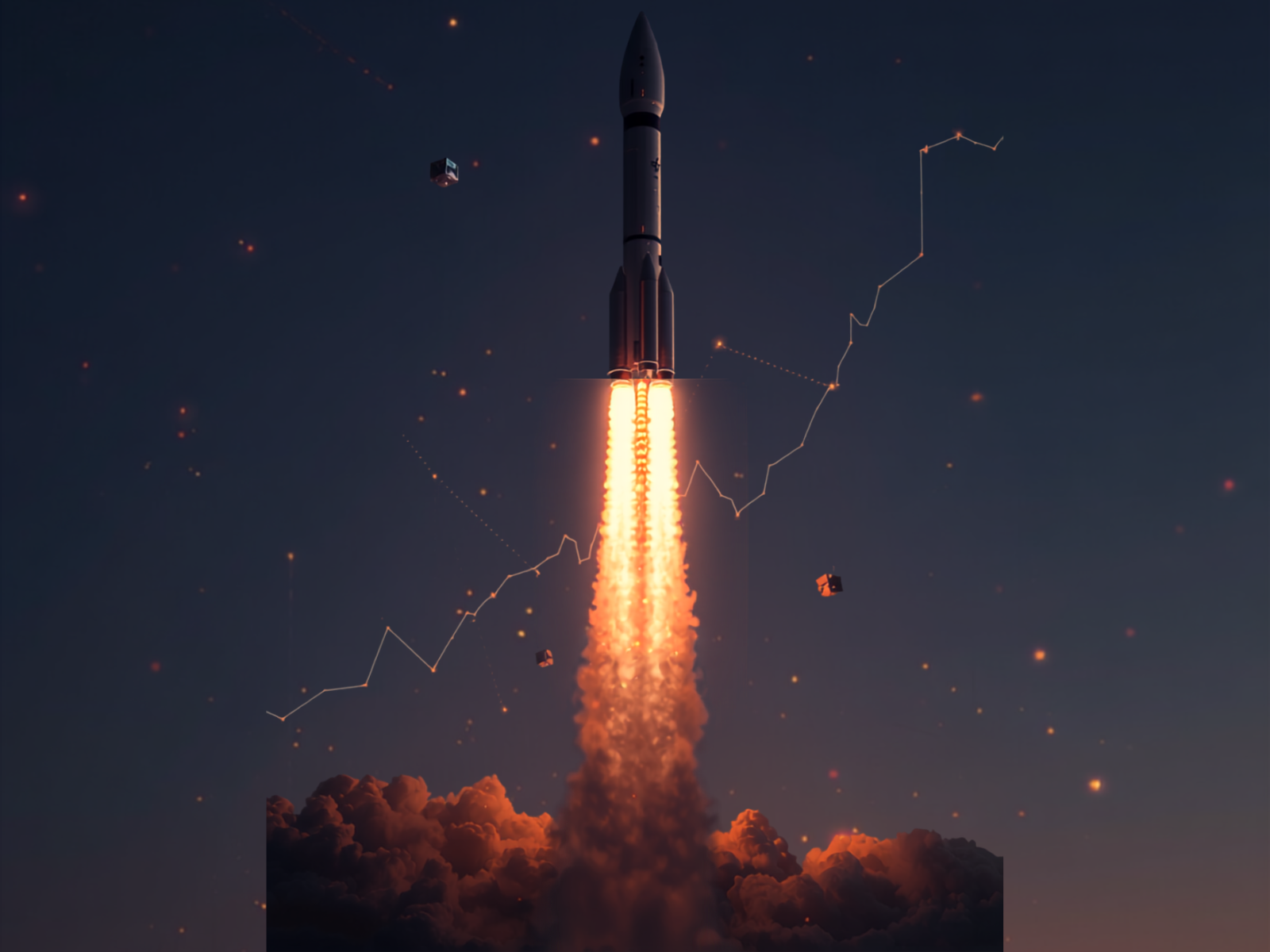 SpaceX stock price target illustrated by a Starship rocket launch with AI satellites and an upward stock chart line