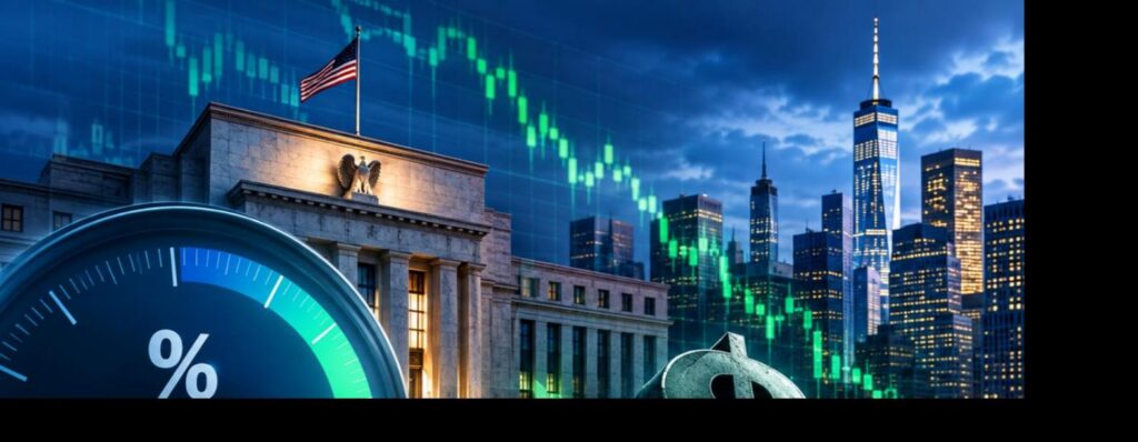 Fed rate hike odds gauge showing declining percentage with Federal Reserve building and falling dollar sign against New York skyline