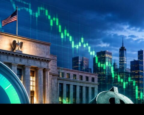 Fed rate hike odds gauge showing declining percentage with Federal Reserve building and falling dollar sign against New York skyline