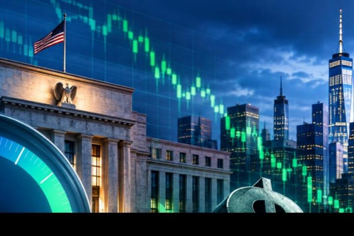 Fed rate hike odds gauge showing declining percentage with Federal Reserve building and falling dollar sign against New York skyline