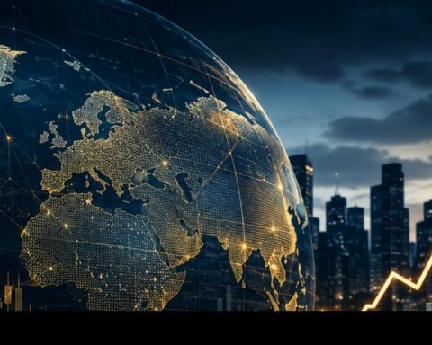 Global finance news today illustration with world map, oil barrel, gold bars, and rising stock chart