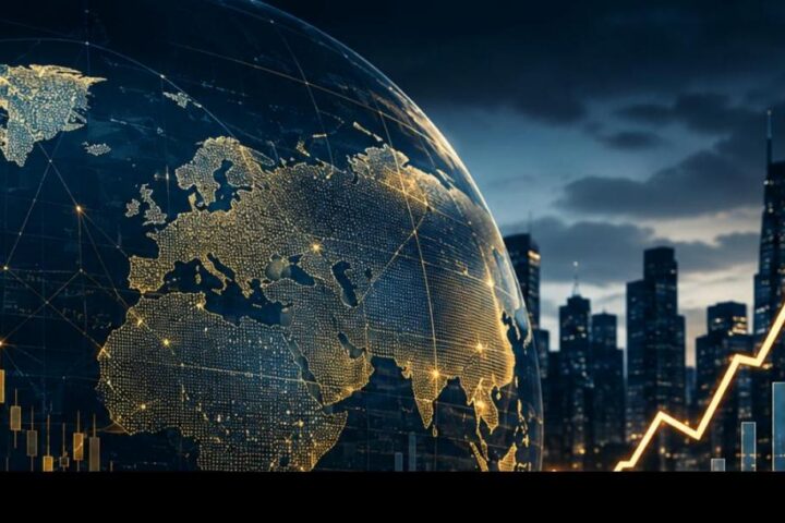 Global finance news today illustration with world map, oil barrel, gold bars, and rising stock chart