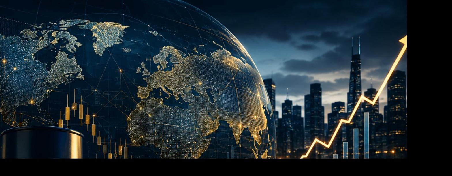 Global finance news today illustration with world map, oil barrel, gold bars, and rising stock chart