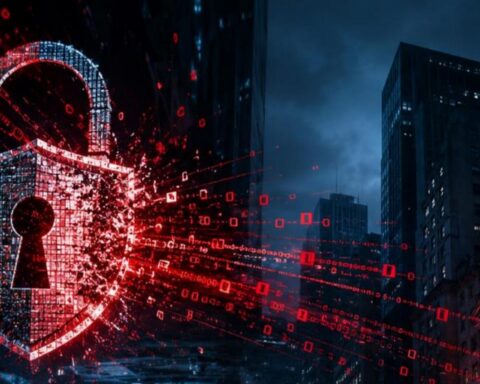 Wall Street cyberattack illustration showing a breached digital padlock over a New York financial district skyline