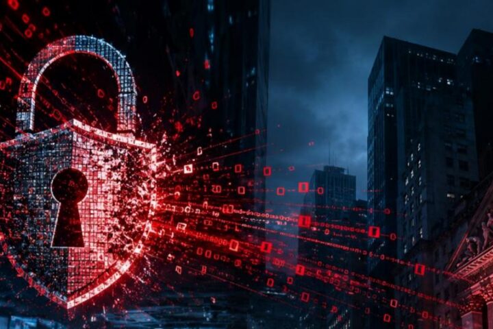 Wall Street cyberattack illustration showing a breached digital padlock over a New York financial district skyline