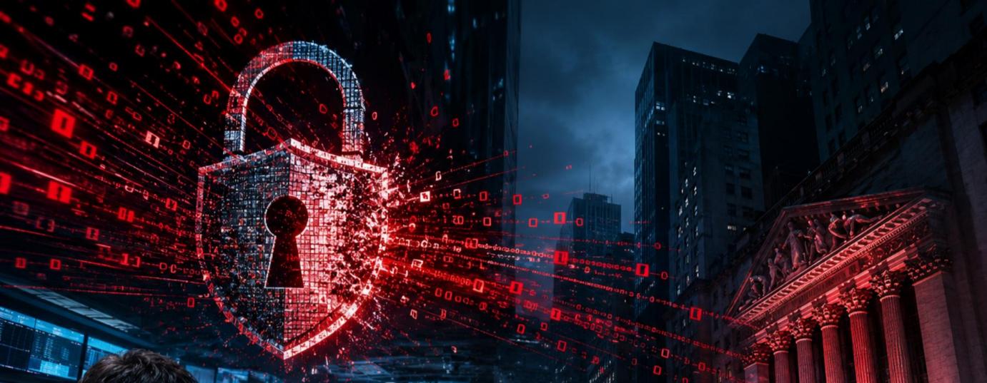 Wall Street cyberattack illustration showing a breached digital padlock over a New York financial district skyline